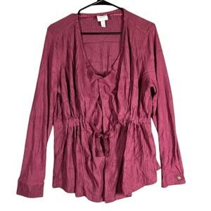 Knox Rose Womens Blouse Burgundy Waist Tie Peplum Long Sleeve Stretch Large